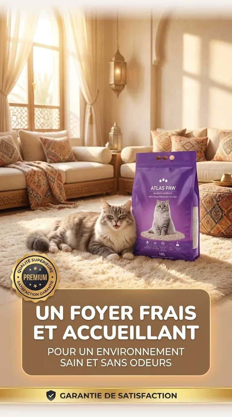 Salon marocain chaleureux avec un chat et la litière Canino